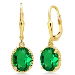 18K Yellow Gold 925 with 3.00 Cttw Emerald Oval Leverback Hook Earrings